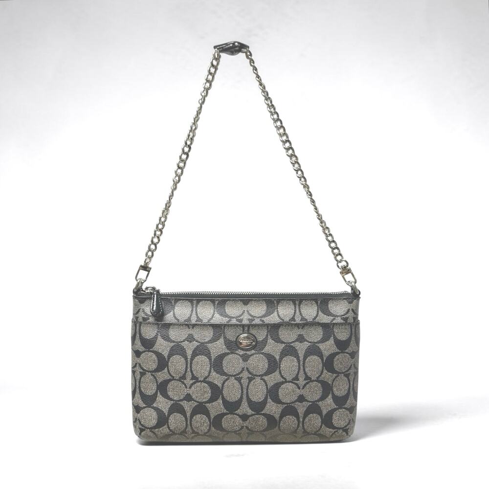 Coach Peyton Signature Gray Black Jacquard Zip Top Chain Shoulder Bag F52175